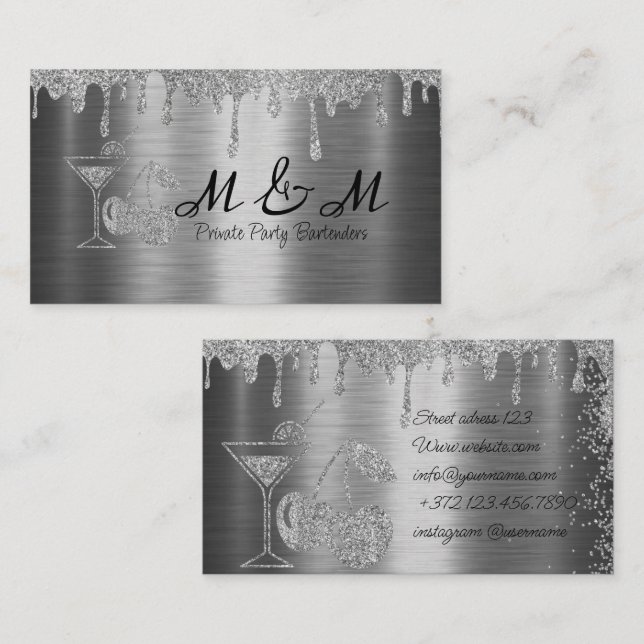 Tarjeta De Visita Fiesta privado Purpurina Plata Bartender (Anverso / Reverso)