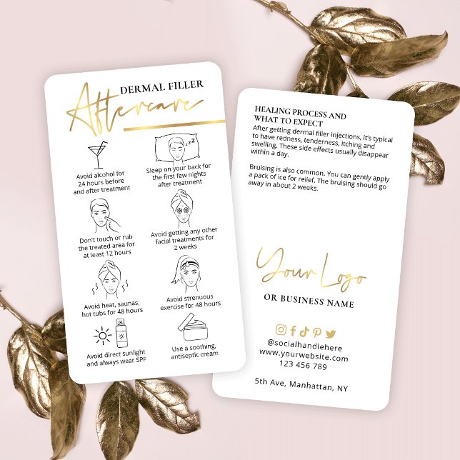 Tarjeta De Visita Filler Después De Las Instrucciones De Cuidados Be (Dermal filler after care instructions cards with faux gold details and space for your logo)