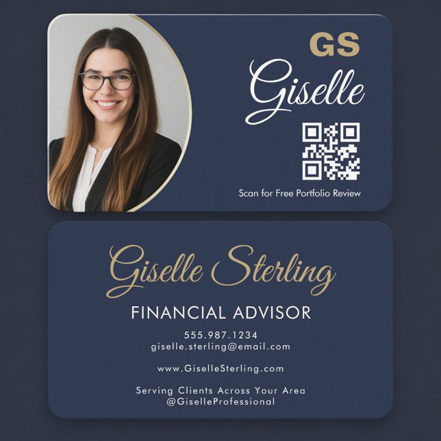 Tarjeta De Visita Financial Agent Photo QR Code Navy Blue Gold  (Subido por el creador)
