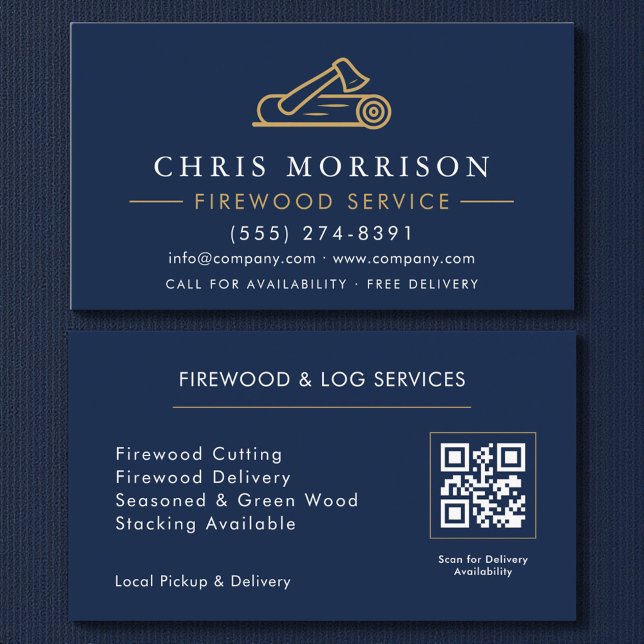 Tarjeta De Visita Firewood Supply Service Navy Blue Gold QR Code (Subido por el creador)