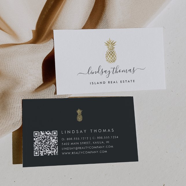 Tarjeta De Visita Firma Faux Gold Pineapple QR Code (Subido por el creador)