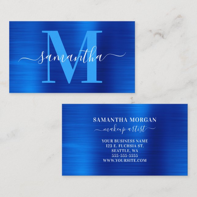 Tarjeta De Visita Firma Monograma Royal Blue Shimmer (Anverso / Reverso)