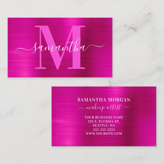 Tarjeta De Visita Firma Monograma Shimmer rosa caliente (Anverso / Reverso)