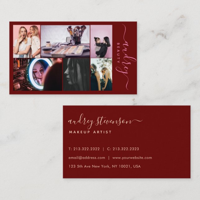 Tarjeta De Visita Firma profesional de Borgoña y oro 6 fotos (Anverso / Reverso)