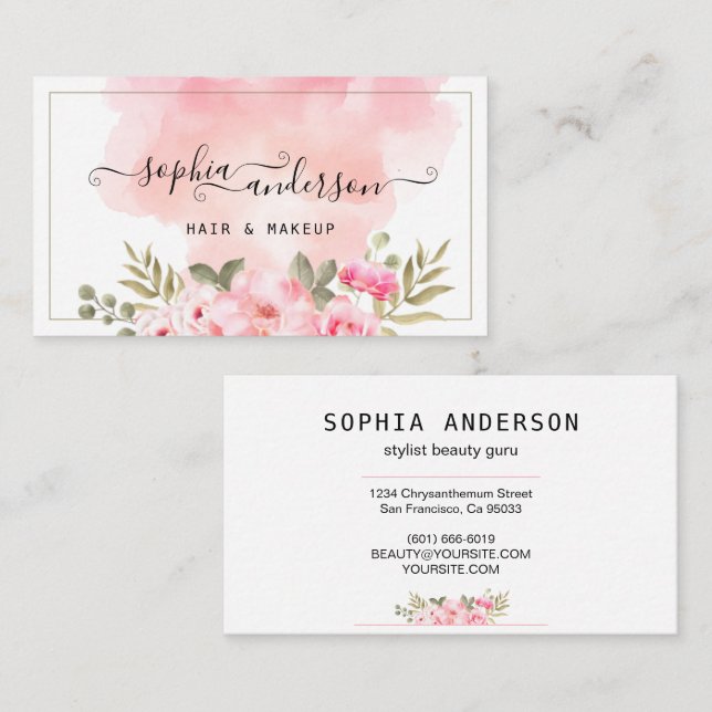 Tarjeta De Visita Firma Script & Elegante acuarela Floral Rosa (Anverso / Reverso)