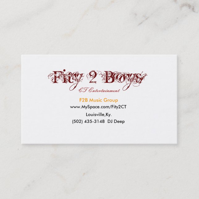 Tarjeta De Visita Fity 2 muchachos, www.MySpace.com/Fity2CT, (502) (Anverso)