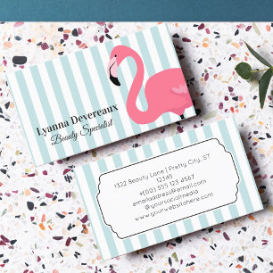 Tarjeta De Visita Flamenco Rosa Retro con Rayas Azules Suaves