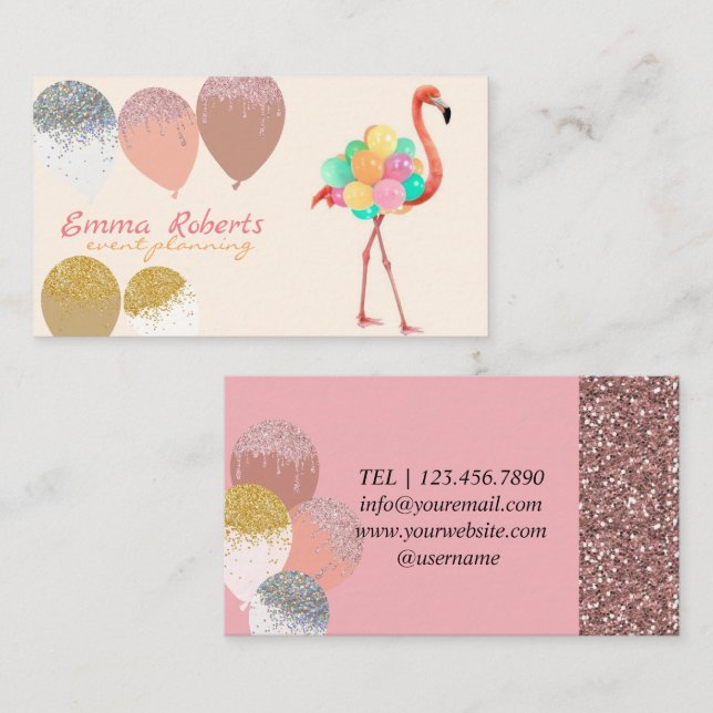 Tarjeta De Visita Flamingo Balloons Planificación de Eventos Moderno (Anverso / Reverso)