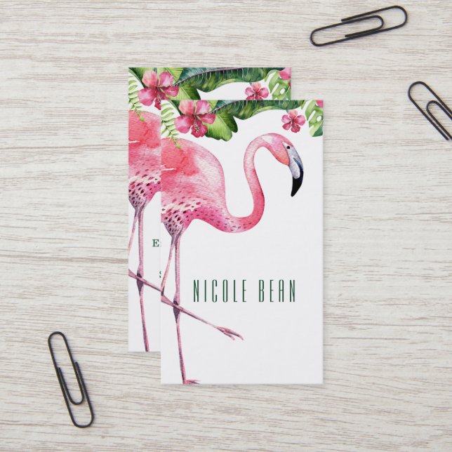 Tarjeta De Visita Flamingo rosa e Hibiscus Hojas Florales Tropicales (Anverso/Reverso In Situ)