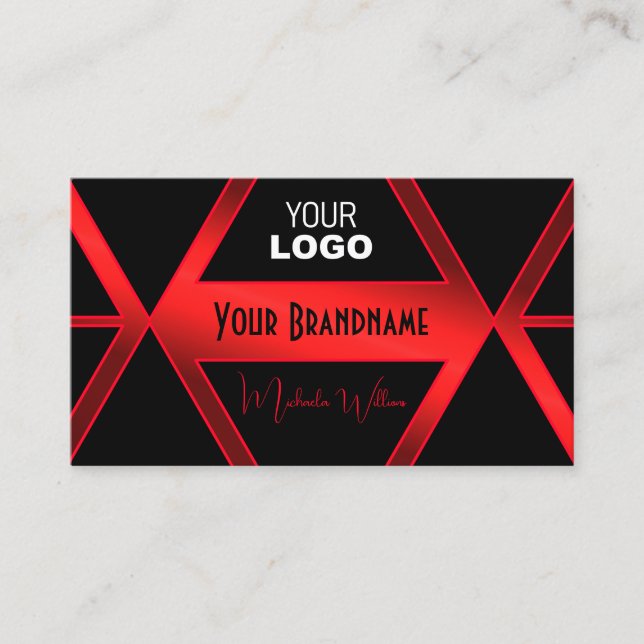 Tarjeta De Visita Flashy Black Geometric Shimmery Red Moda con logot (Anverso)