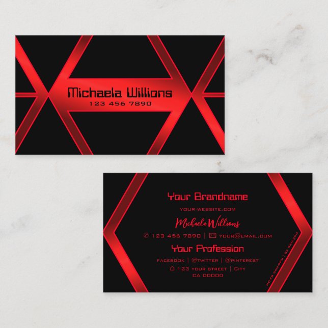 Tarjeta De Visita Flashy Black Geometric Shimmery Red Professional (Anverso / Reverso)
