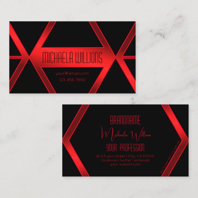 Tarjeta De Visita Flashy Black Geometric Shimmery Red Stylish Modern (Anverso / Reverso)