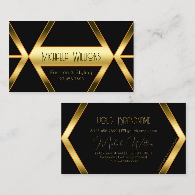 Tarjeta De Visita Flashy Black Geometric y Shimmery Golden Elegant (Anverso / Reverso)