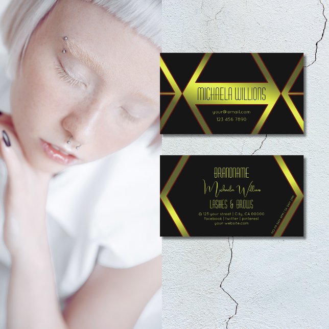 Tarjeta De Visita Flashy Black Geometric Yellow Shimmer Profesional (Subido por el creador)