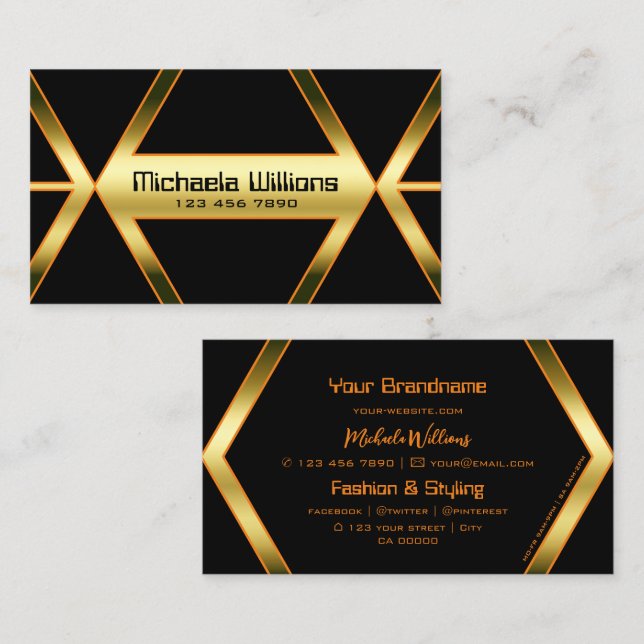 Tarjeta De Visita Flashy Black Geometrical y Shimmery Golden Guay (Anverso / Reverso)