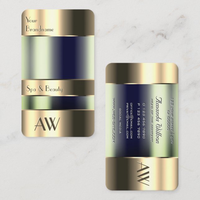 Tarjeta De Visita Flashy Gold 3D Iniciales Glass Optics Fluidos Azul (Anverso / Reverso)