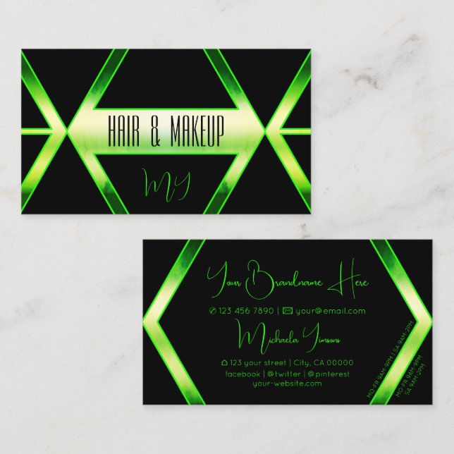 Tarjeta De Visita Flashy negro Shimmery Green con estilo Monograma (Anverso / Reverso)