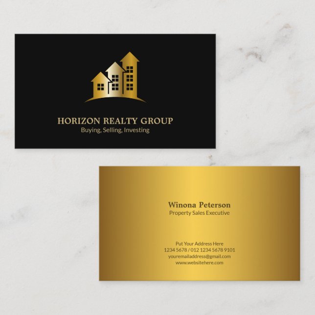 Tarjeta De Visita Flechas hacia arriba inmobiliarias casas oro (Anverso / Reverso)