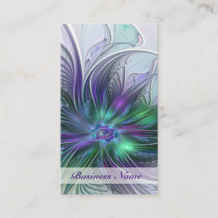 Tarjeta De Visita Flor Abstracta Moderna Fractal Verde Púrpura