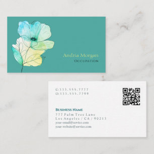 Tarjeta De Visita Flor acuarela de moda, nombre, código QR, Verde az