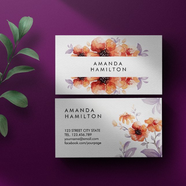 Tarjeta De Visita Flor acuarela Naranja Lilac de estilo moderno (Subido por el creador)