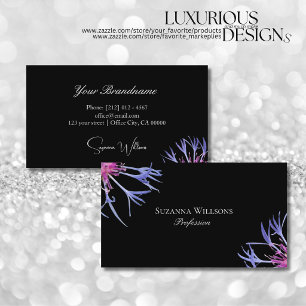 Tarjeta De Visita Flor azul púrpura estrella en negro chic floral