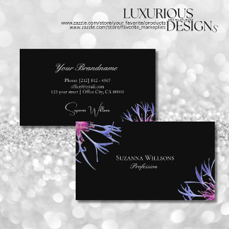 Tarjeta De Visita Flor azul púrpura estrella en negro chic floral