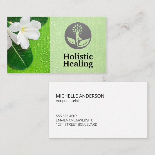 Tarjeta De Visita Flor blanca y hojas | Holístico (Anverso / Reverso)