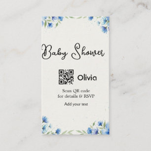 Tarjeta De Visita flor de acuarela azul para baby shower escanea QR 