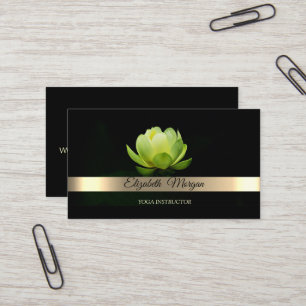 Tarjeta De Visita Flor de Loto Verde con Franja Dorada Elegante Yoga