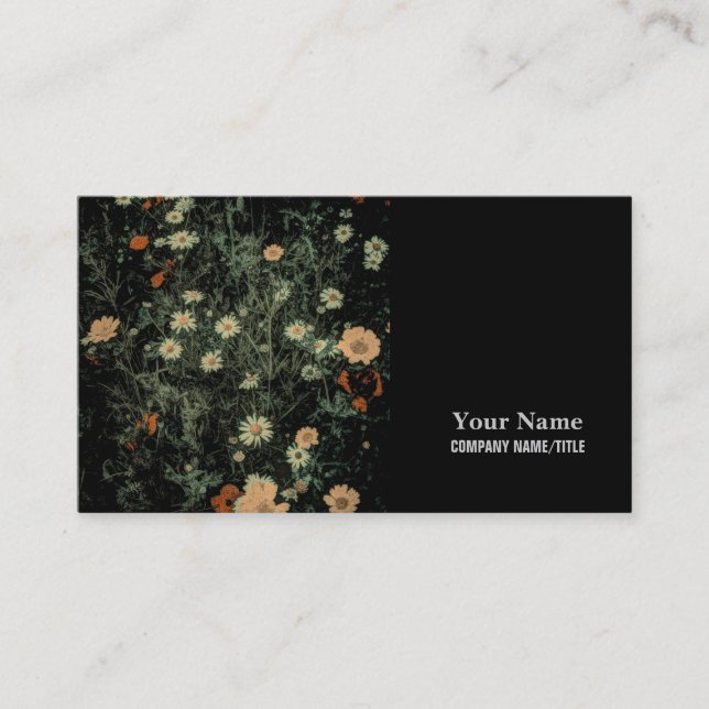Tarjeta De Visita flor de margarita blanca bohemia floral negra (Anverso)