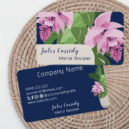 Tarjeta De Visita Flor de Medinilla tropical color beige azul oscuro