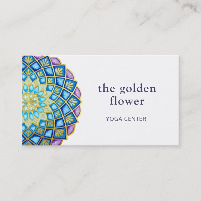 Tarjeta De Visita Flor de oro Mandala Azul Púrpura  (Anverso)