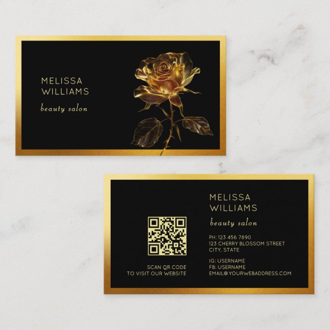 Tarjeta De Visita Flor de Rosa de Oro de Lujo (Anverso / Reverso)