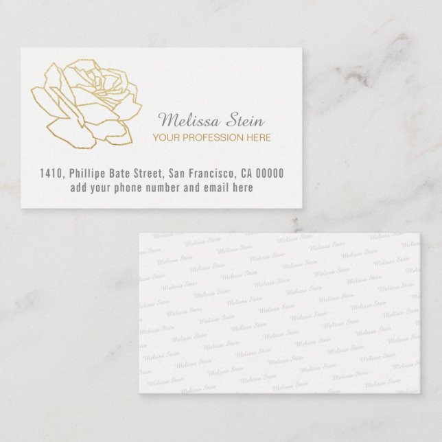 Tarjeta De Visita flor de rosa de oro fino delineado, blanco elegant (Anverso / Reverso)