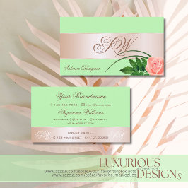 Tarjeta De Visita Flor dorada de Rosa verde suave con monograma