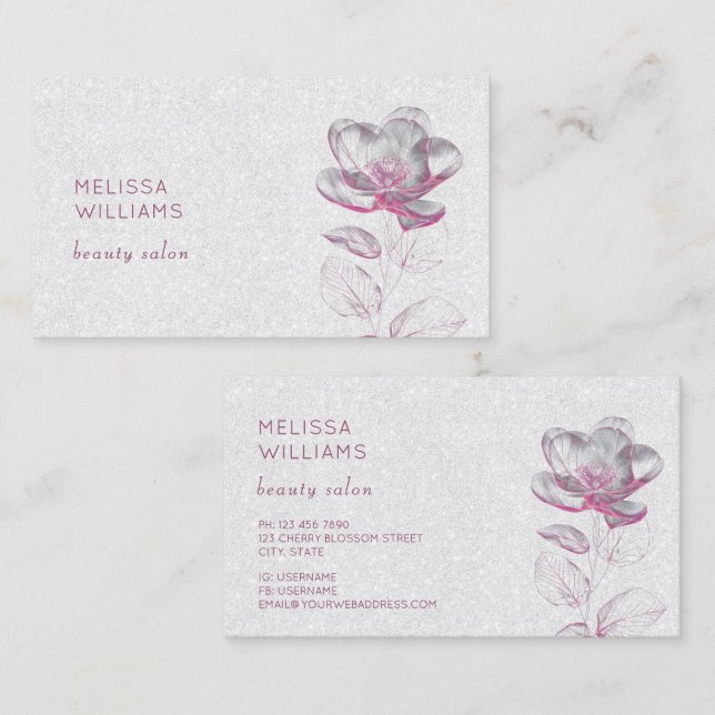 Tarjeta De Visita Flor metálica brillante rosa transparente (Anverso / Reverso)