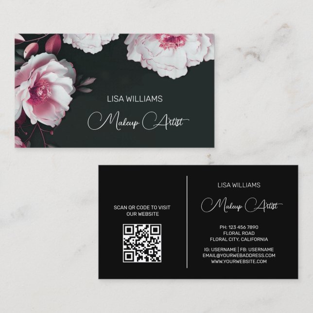 Tarjeta De Visita Flor negra metálica rosa brillante (Anverso / Reverso)