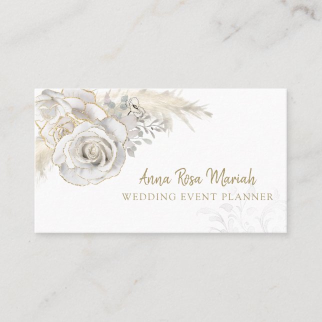Tarjeta De Visita *~* Flor rosa blanca Purpurina de oro floral elega (Anverso)