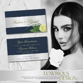 Tarjeta De Visita Flor Rosa de color azul oscuro de plata azul elega