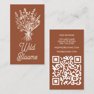 Tarjeta De Visita Flor silvestre Rústico Mínimo Floral Marrón QR