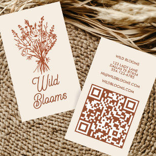 Tarjeta De Visita Flor silvestre Rústico Mínimo Floral Marrón QR