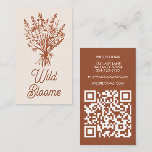 Tarjeta De Visita Flor silvestre Rústico Mínimo Floral Marrón QR