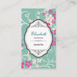 Tarjeta De Visita Flor verde elegante de flor rosa vintage