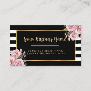 Tarjeta De Visita Floral a rayas modernas en blanco y negro