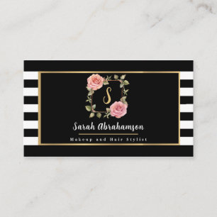 Tarjeta De Visita Floral a rayas modernas en blanco y negro