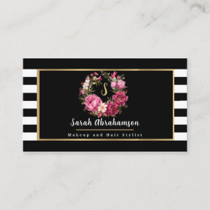 Tarjeta De Visita Floral a Rayas Negro y Blanco Elegante