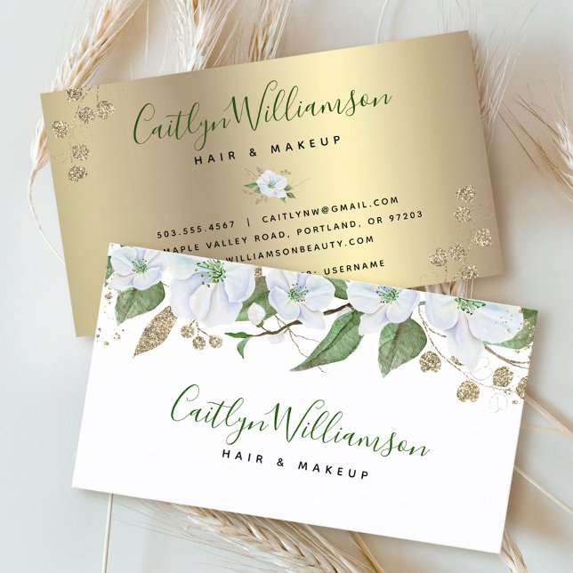 Tarjeta De Visita Floral acuarela estilo Script oro blanco moderno (Subido por el creador)