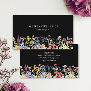 Tarjeta De Visita Floral Acuarela Flor Silvestre Boho Negra