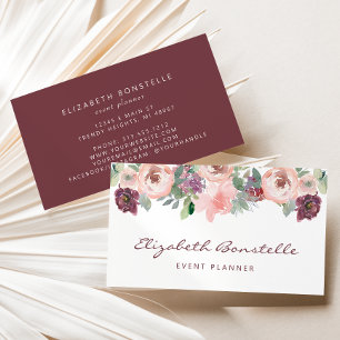 Tarjeta De Visita Floral Acuarela Rosa Borgoña